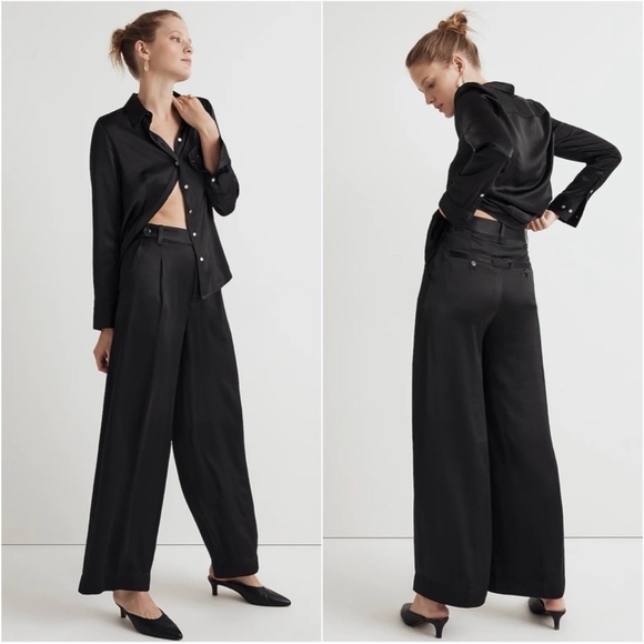 NWT Madewell The Harlow Wide Leg High Rise Satin Pants in Black - Picture 3 of 15